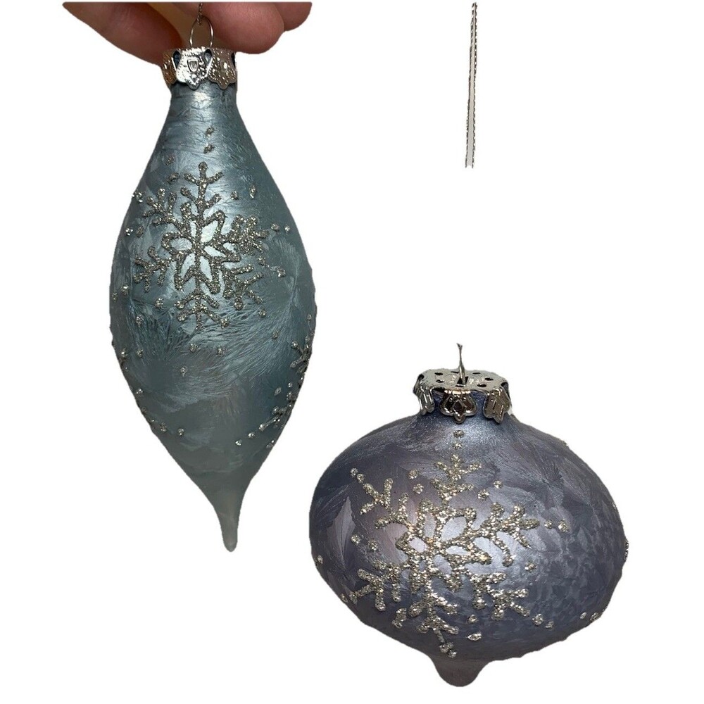 Christmas Ornaments Blue Snowflake Glitter Holiday Decor Icicle Teardrop